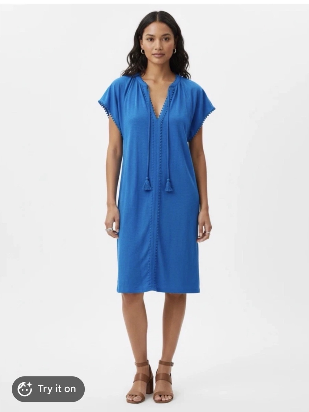 Boden Millie Pom Dress Women's 4R Blue Tassels 100% Cotton